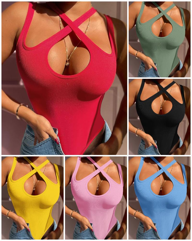 

Trendy Criss Cross Asymmetrical Neck Sleeveless Thong Bodysuits Tops Clubwear, Red