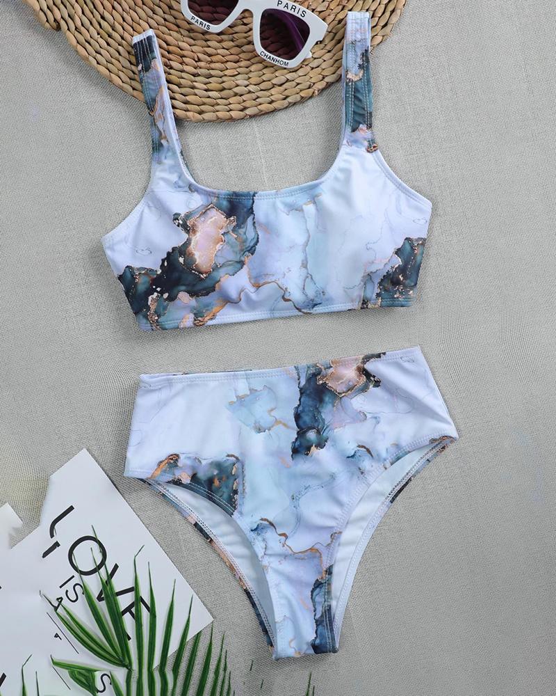 

Thick Strap Tie Dye Print U Neck Bikini Set, Light blue