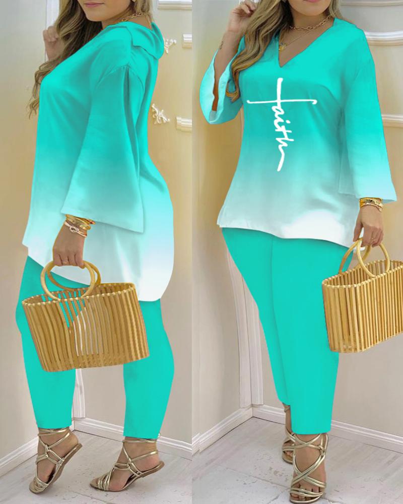 

Plus Size Faith Print Ombre Bell Sleeve Top & Pants Set, Green