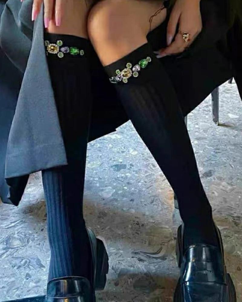 

1Pair Gem Stone Decor Knee High Socks, Black