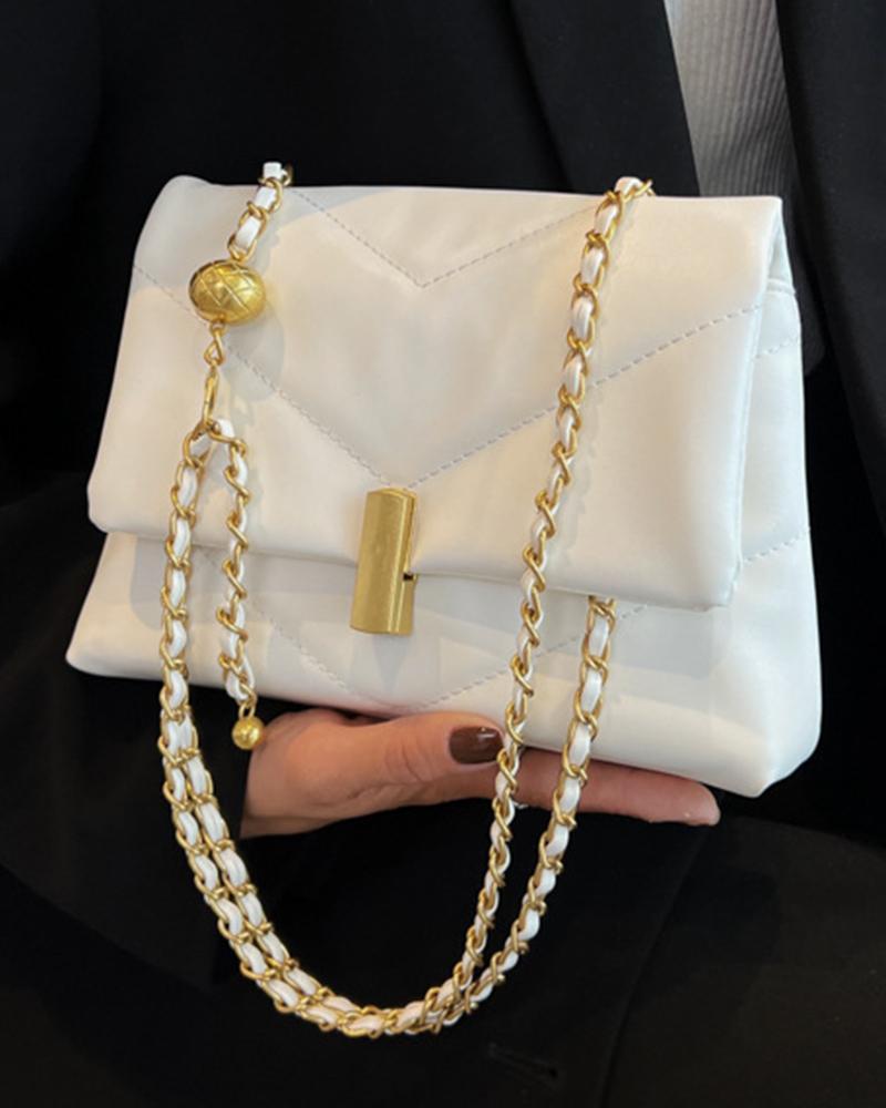 

Chevron Quilted Chain Strap Flap Crossbody Bag, White
