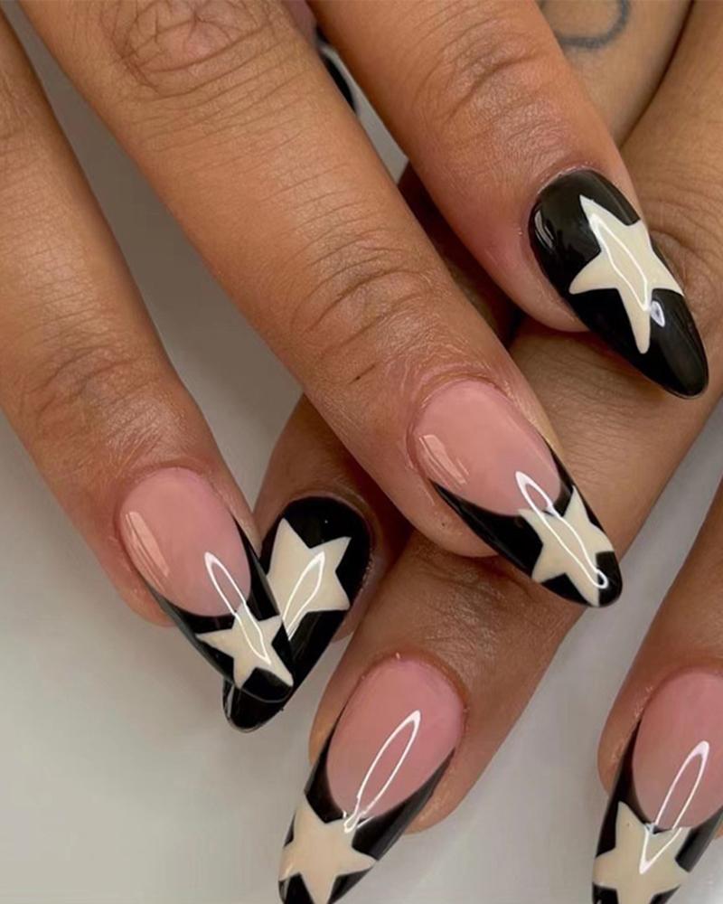 

24pcs Star Design Colorblock Press On Fake Stiletto Almond Nails Set, Black