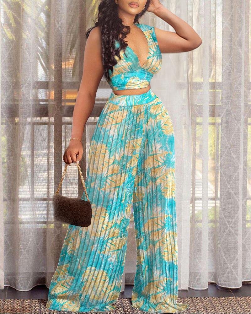 

Leaf Print Sleeveless Crop Top & Pleated Wide Leg Pants Sets, Green
