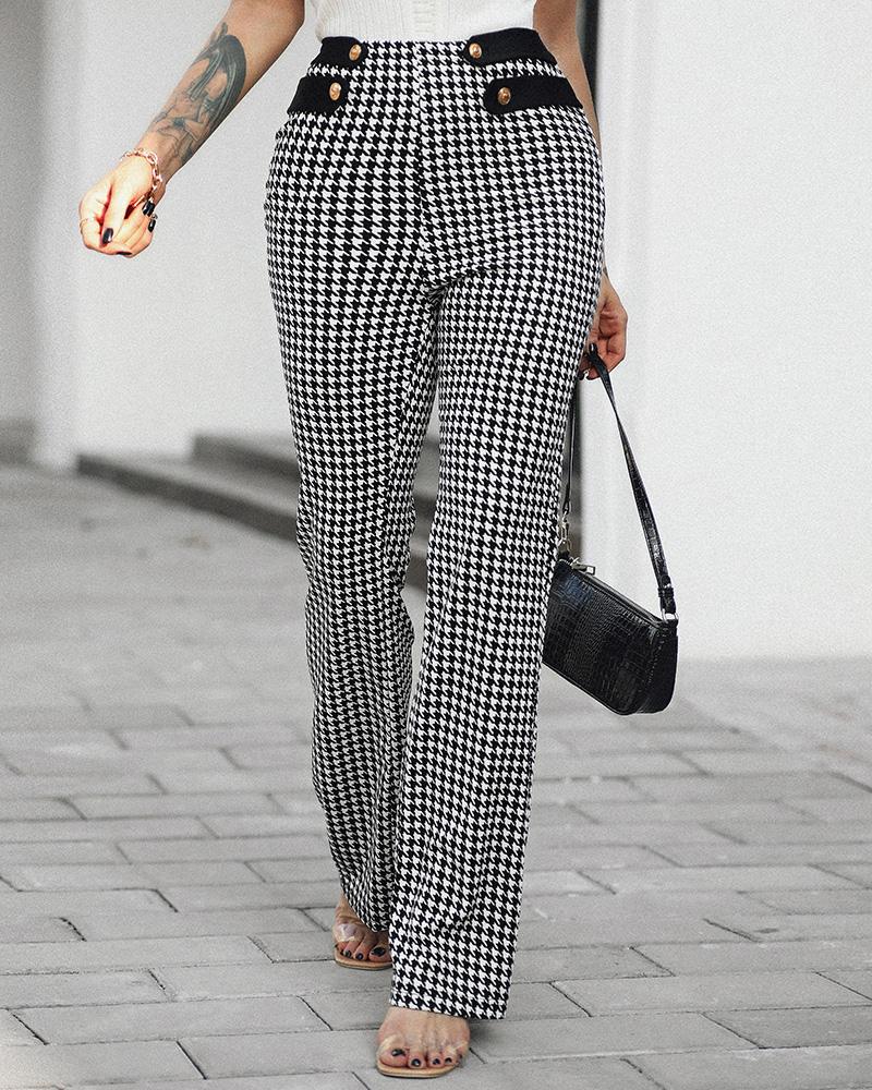 

Houndstooth Print Buttoned High Waist Wide Leg Tailored Pants, Black&white