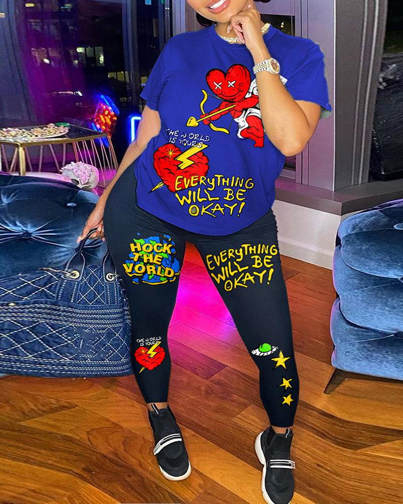 

Heart Star Slogan Print Short Sleeve Top & Pants Set, Blue