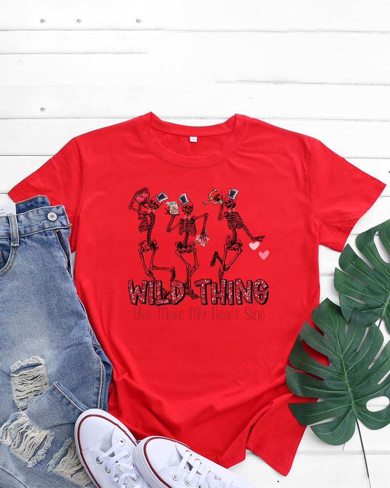 

Valentine' Day Skull Skeleton Letter Heart Print T-shirt, Red