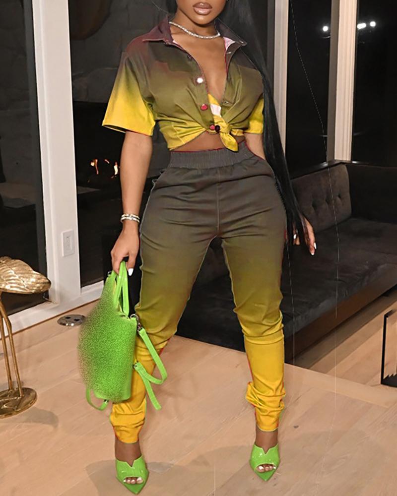 

Ombre Colorblock Buttoned Shirt & Pants Set, Yellow