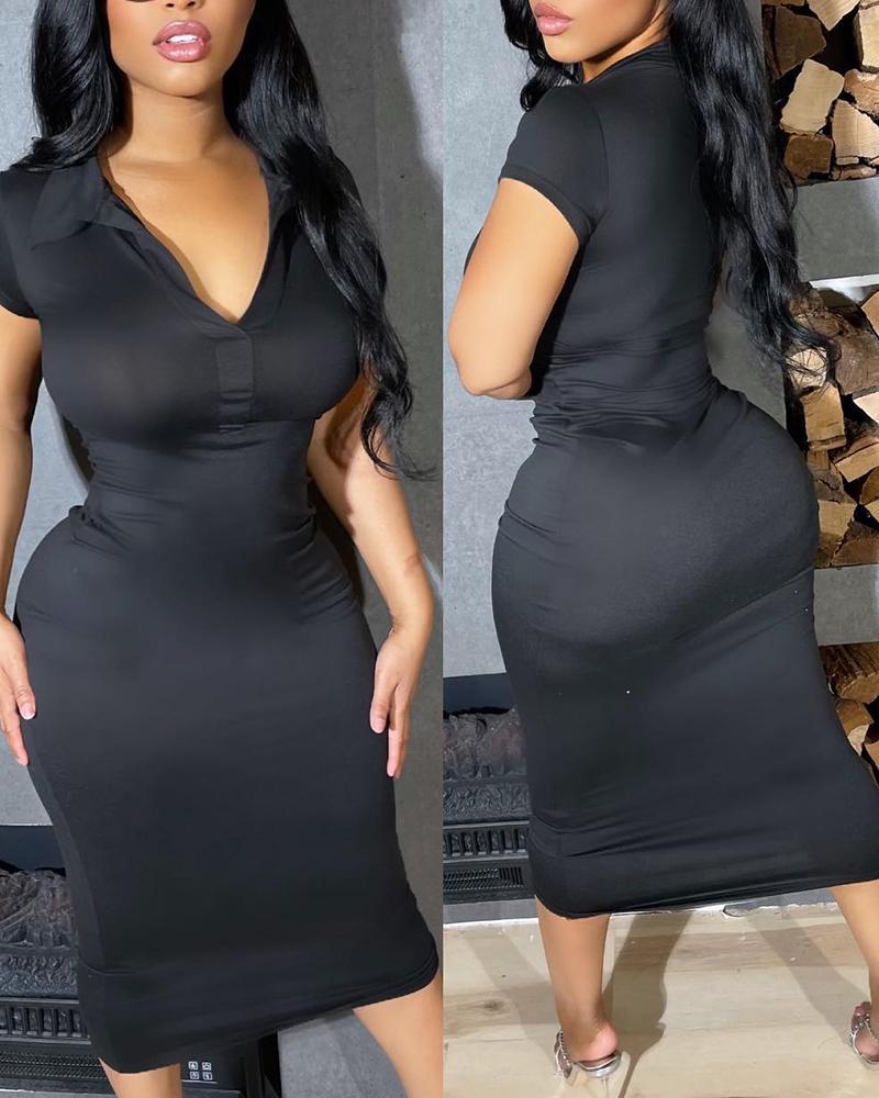 

Short Sleeve Turn Down Collar Shirt Dress, Black