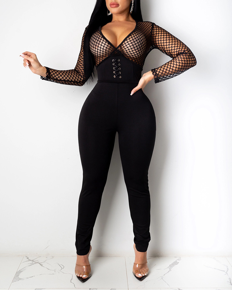 

Fishenet Eyelet Lace-up Zipper Design Jumpsuit, Black