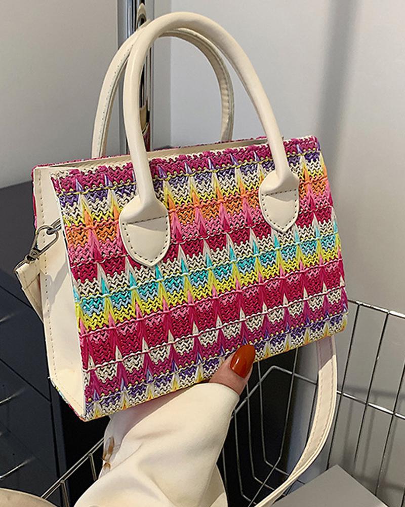 

Vintage Colorblock Woven Shoulder Bag With Handle, Hot pink