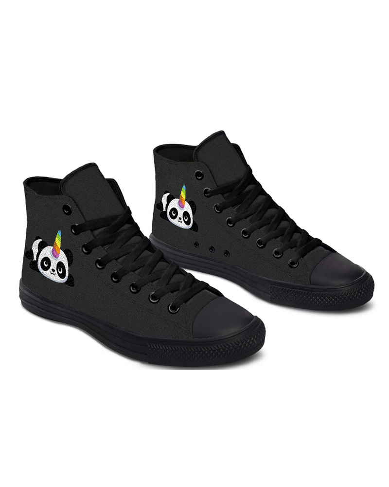 

Womens Panda Unicorn Print Lace-up High Top Canvas Casual Shoes, Black