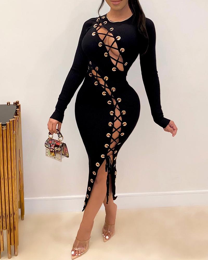 

Plus Size Eyelet Lace-up Slit Maxi Dress, Black