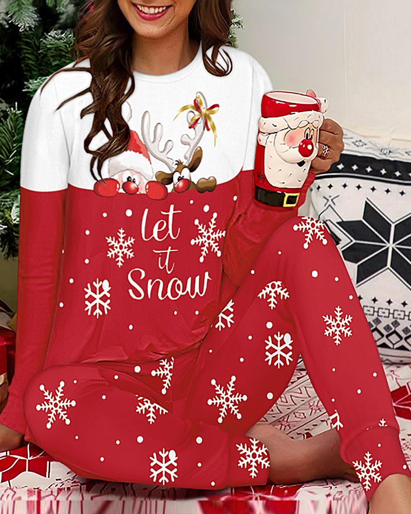 

Ensemble pyjama 2 pièces à col ras du cou et pantalon décontracté avec imprimé dessin animé Let it Snow pour Noël, Red
