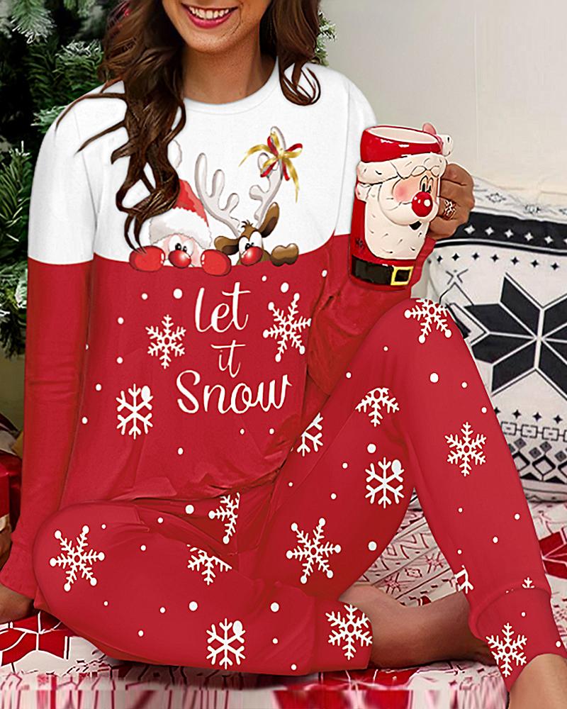 

2 Piece Christmas Let it Snow Cartoon Print Crewneck Pullover Top Casual Pants Pajamas Set, Red