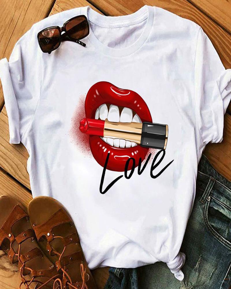 

Lip Print Short Sleeve Casual T-shirt, Style10