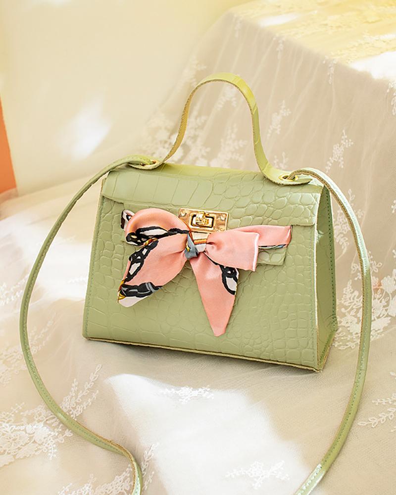 

Twist Lock Croc Embossed Scarf Decor Satchel Bag, Green