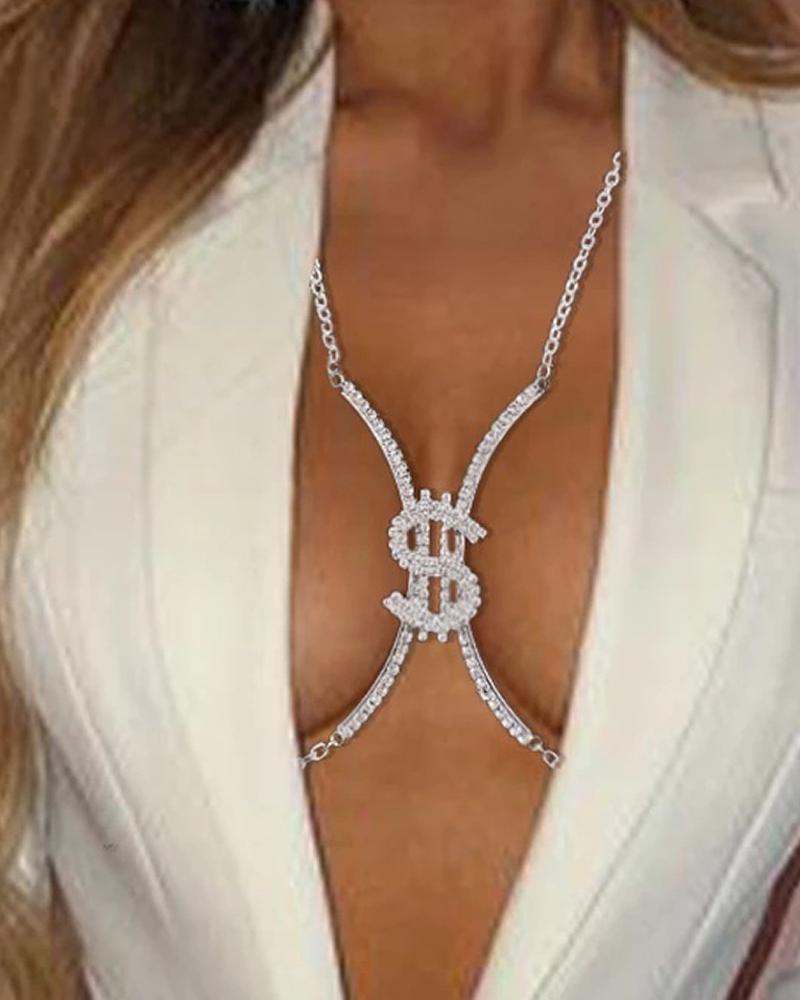 

Dollar Pattern X-Shaped Rhinestone Body Chain, Silver