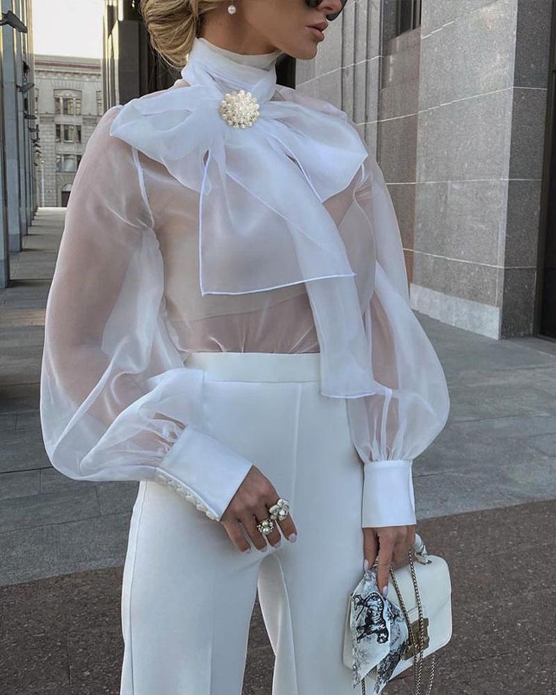 

Lantern Sleeve Tie Neck Organza Top, White