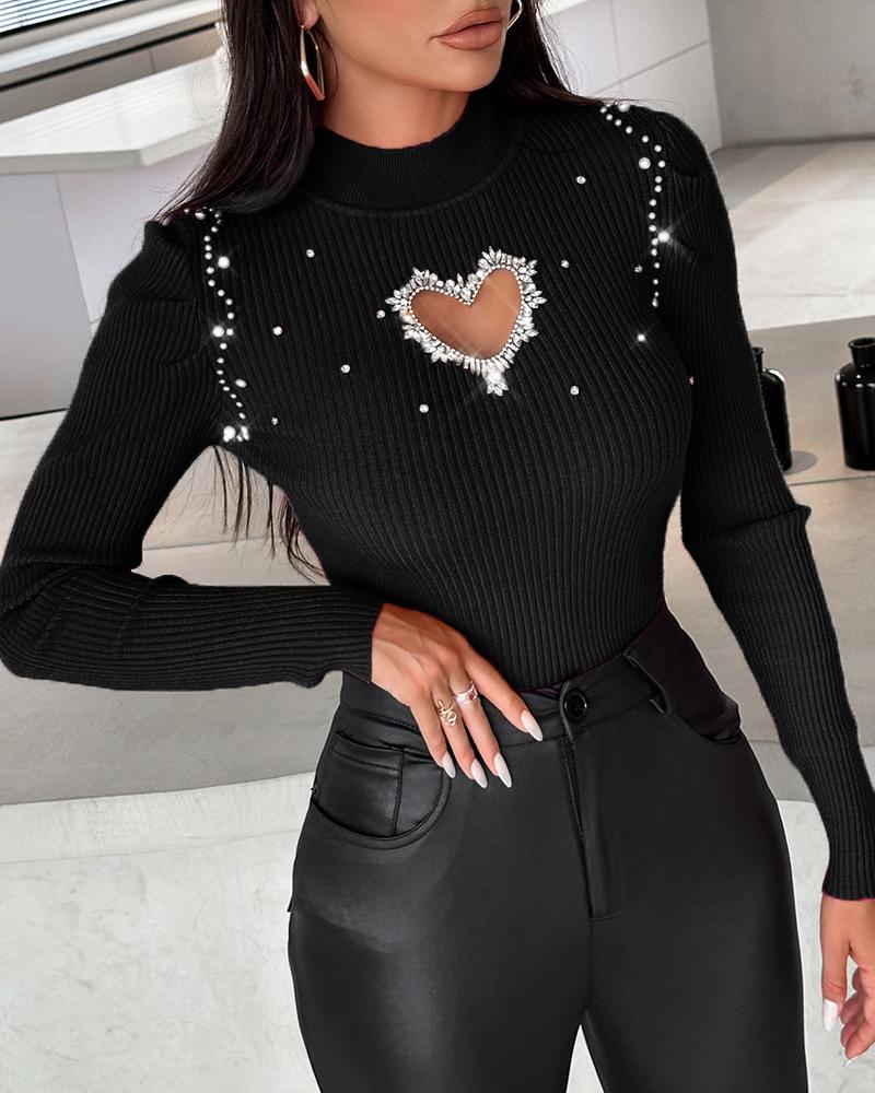 

Rhinestone Hollow Heart Knit Sweater, Black