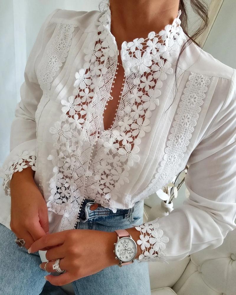 

Floral Pattern Lace Patch Long Sleeve Top, White