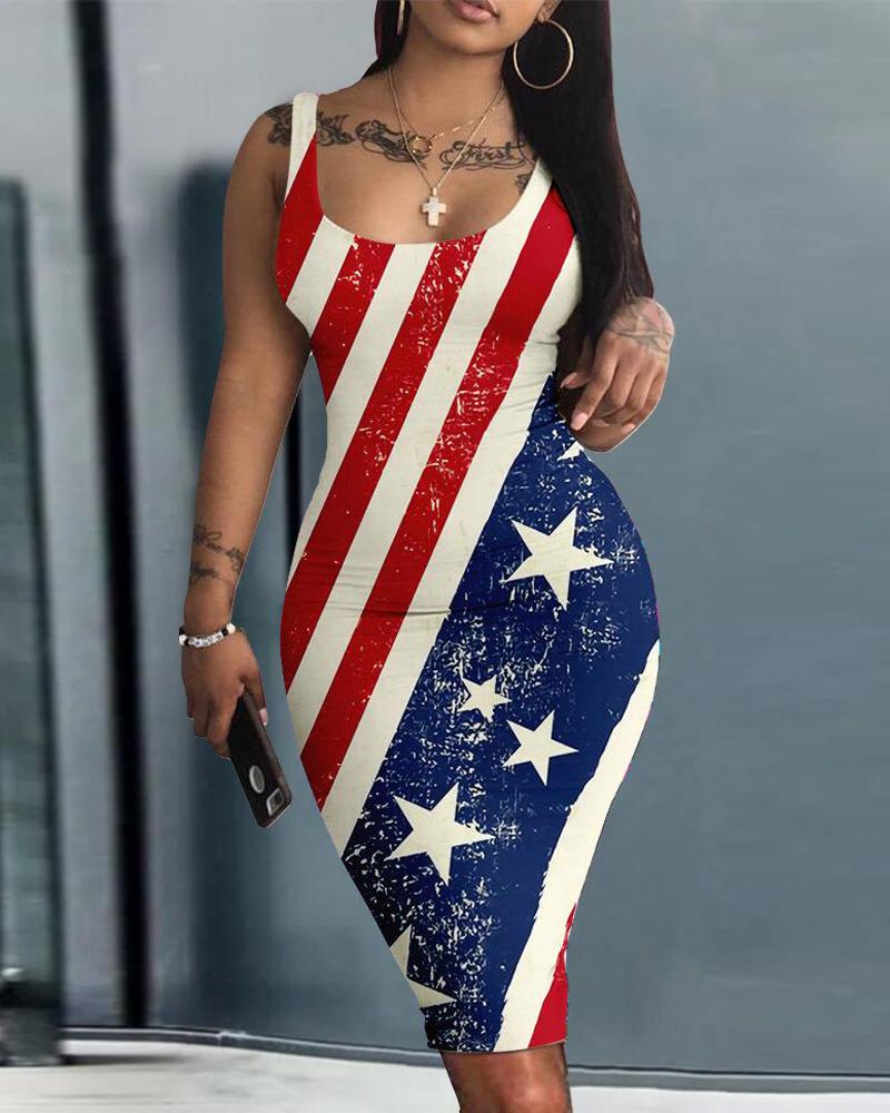 

Independence Day Flag Print U-Neck Bodycon Dress, Blue