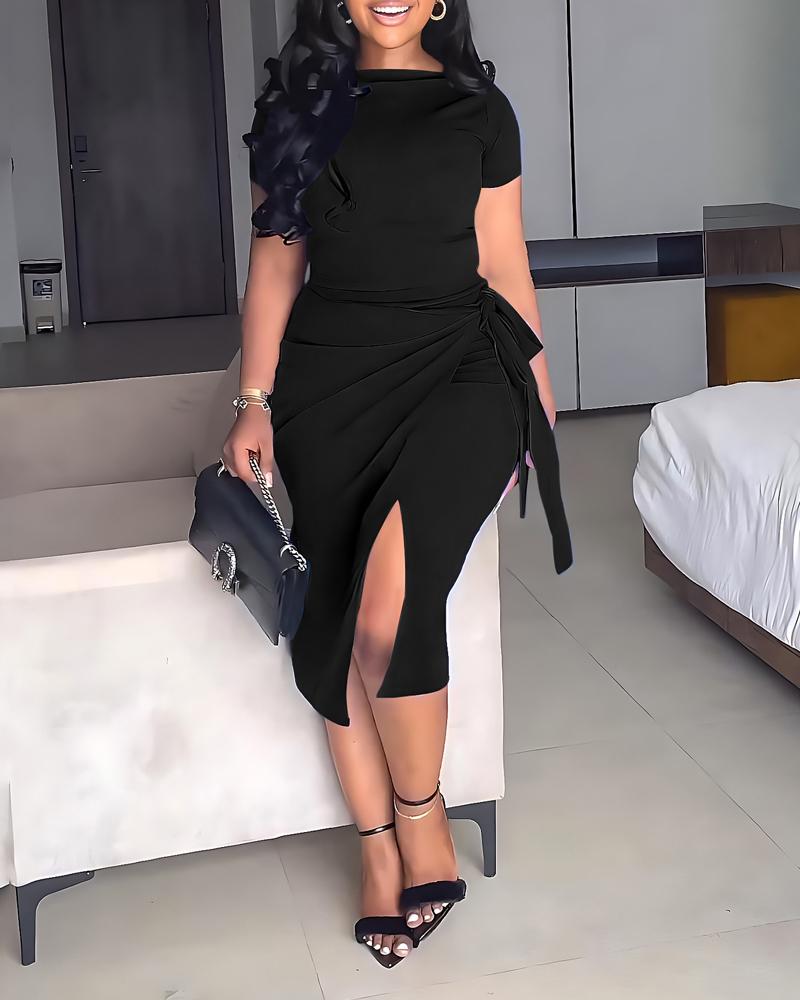 

Boat Neck Top & Tied Detail Slit Skirt Set, Black