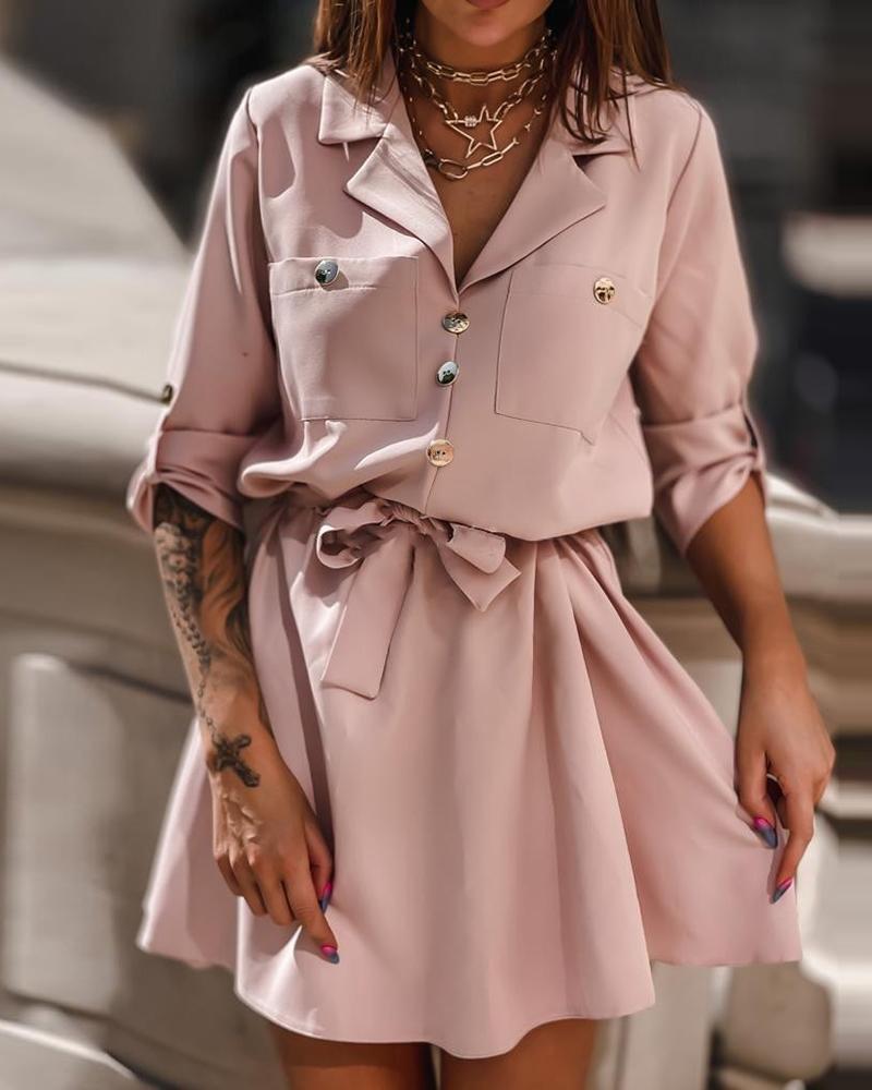 

Button Decor Long Sleeve Shirt Dress, Pink