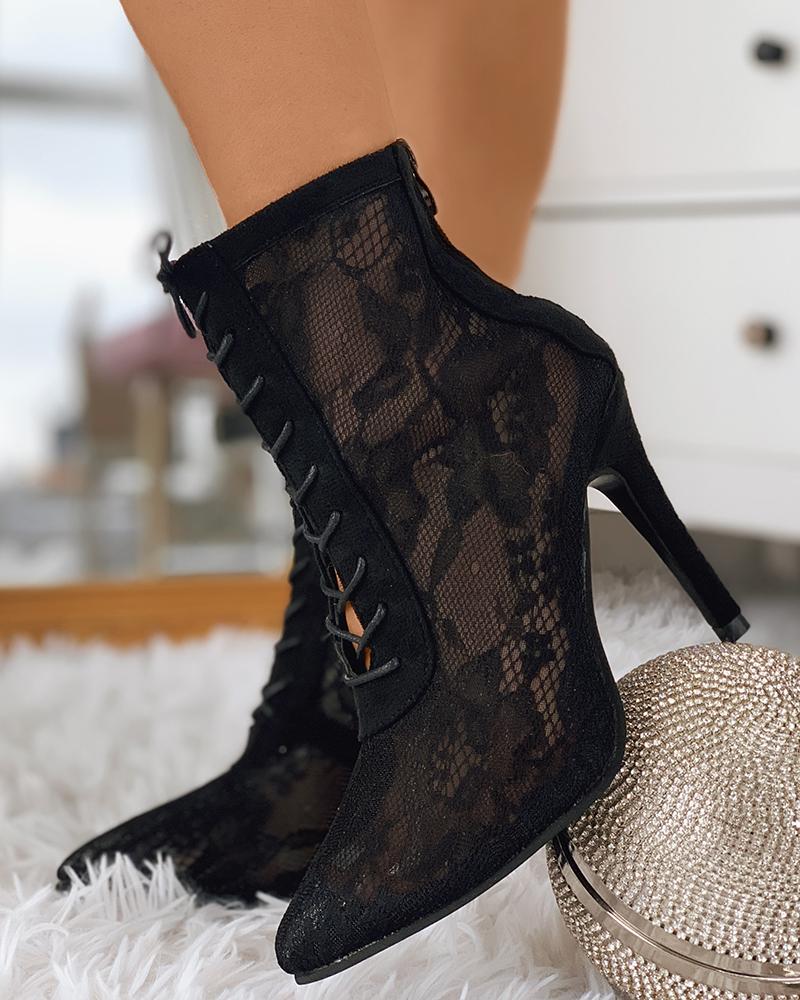 

Crochet Lace Pointed Toe Lace-up Boots, Black