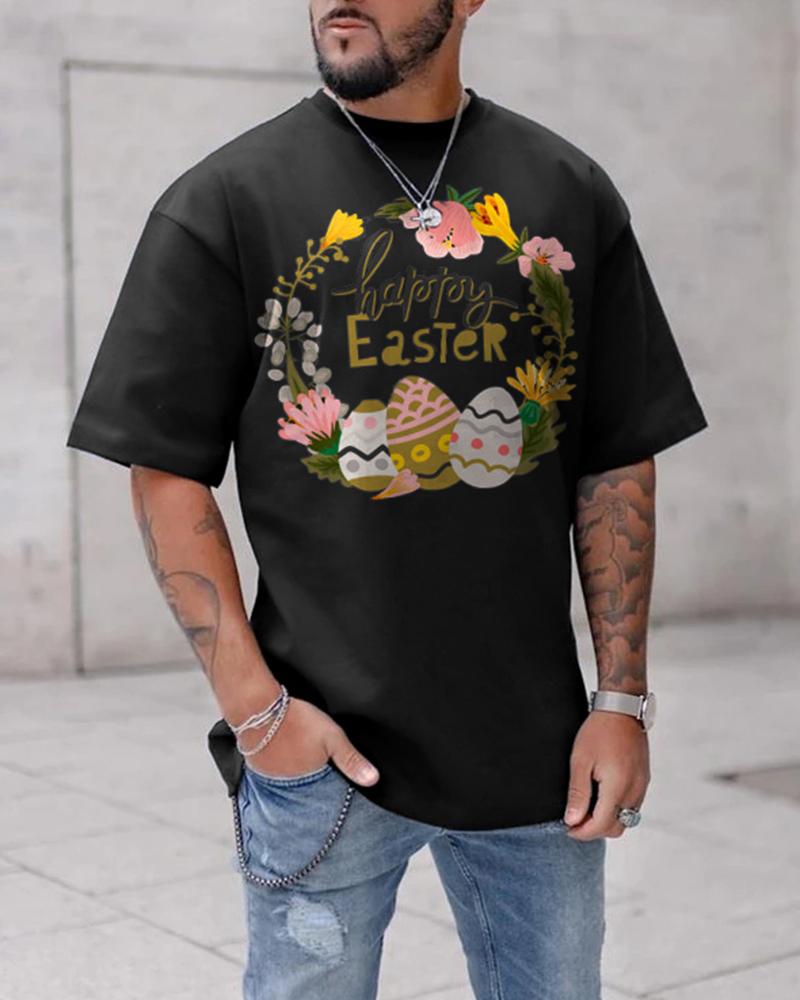 

Easter Day Wreath & Egg & Letter Print Short Sleeve T-shirt, Black