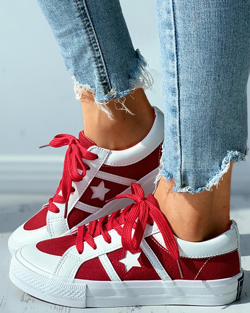 

Star Pattern Colorblock Lace-up Canvas Shoes, Red