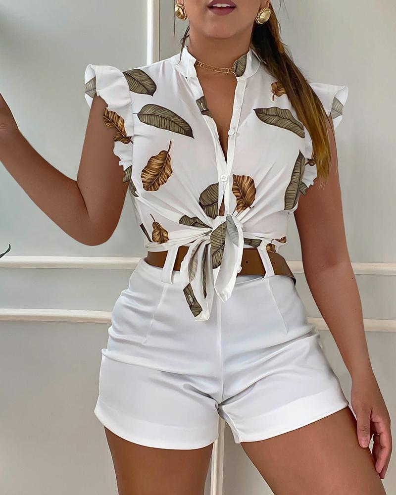 

Leaf Print Flutter Sleeve Shirt & Shorts Set, White
