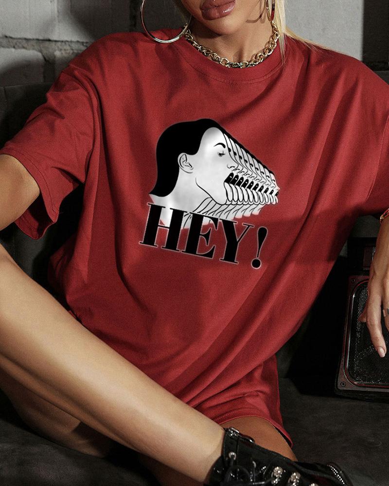 

Cartoon Figure Print Short Sleeve T-shirts, Red