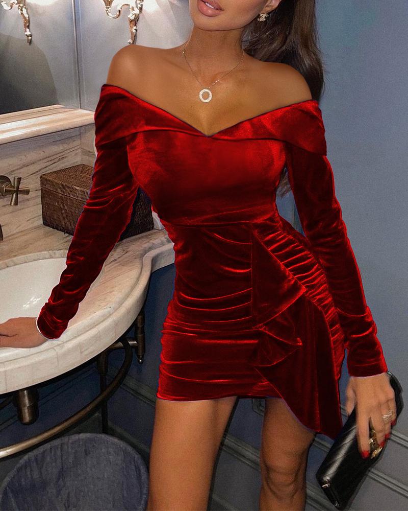 

Velvet Off Shoulder Ruched Ruffle Detail Party Dress, Red