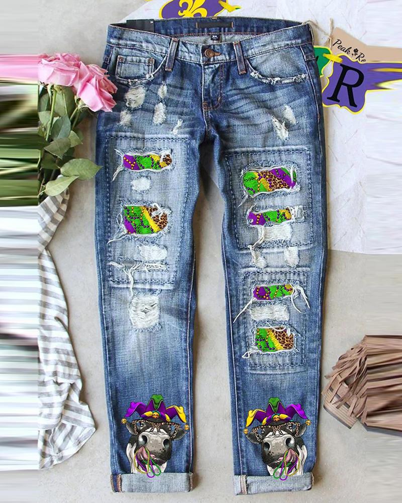 

Mardi Gras Cow Graphic Print Patch Jeans, Blue
