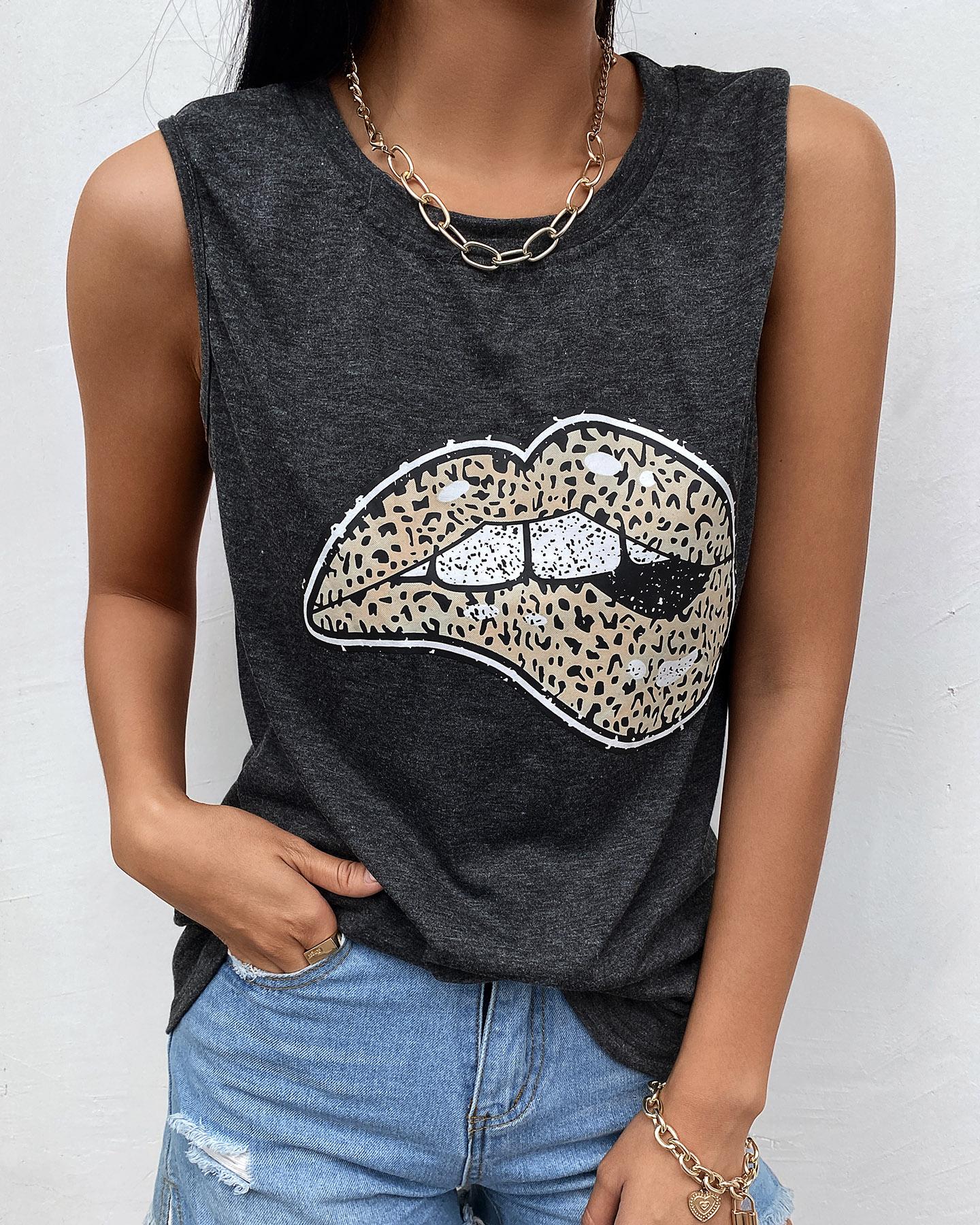 

Lip Leopard Print U Neck Tank, Black