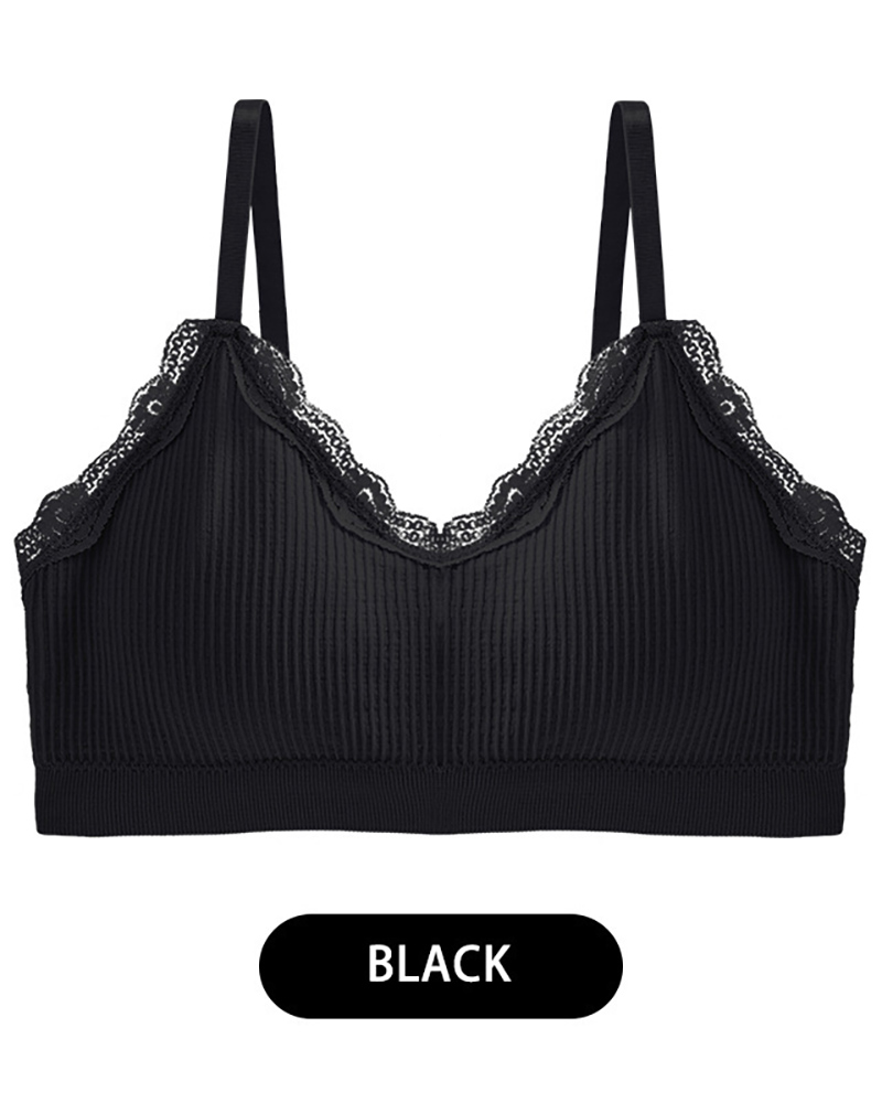 

Lace Trim V-Neck Textured Bra, Black