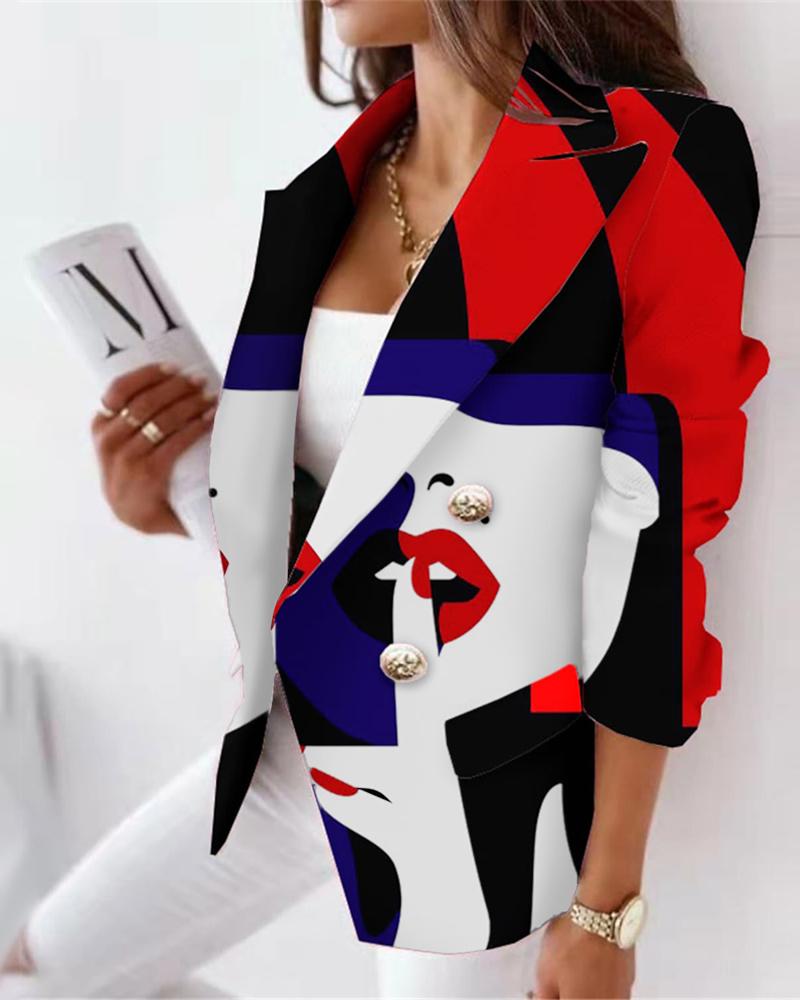 

Figure Print Long Sleeve Double Breasted Blazer, Multicolor