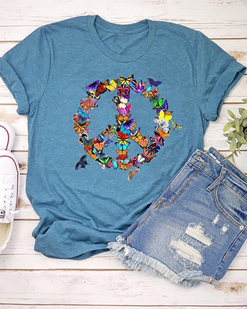 

Butterfly Print Short Sleeve Casual T-shirt, Blue