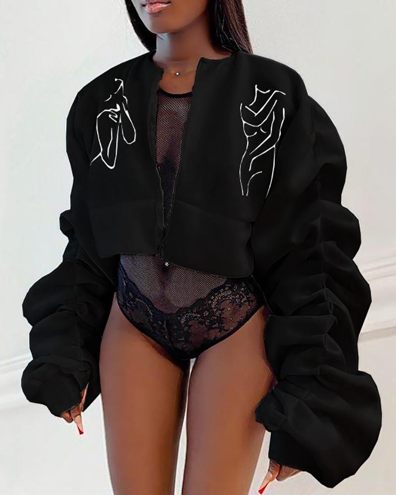 

Graphic Print Lantern Puff Sleeve Zipper Design Ruched Coat, Black