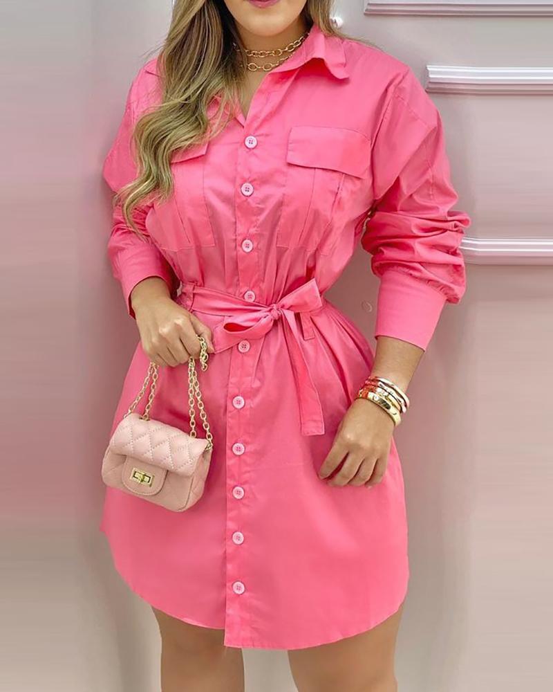 

Pocket Design Button Front Long Sleeve Shirt Dress, Pink