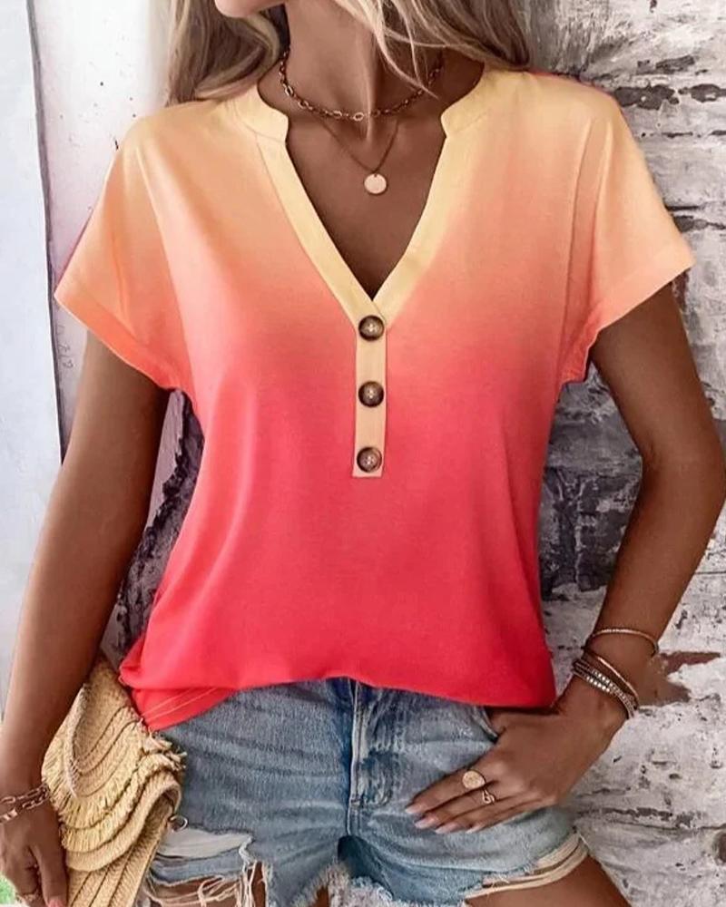 

Ombre Notch Neck Buttoned Casual T-shirt, Multicolor