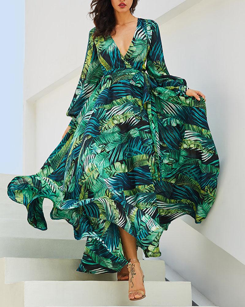 

Tropical Print Lantern Sleeve Belted Maxi Dress, Green