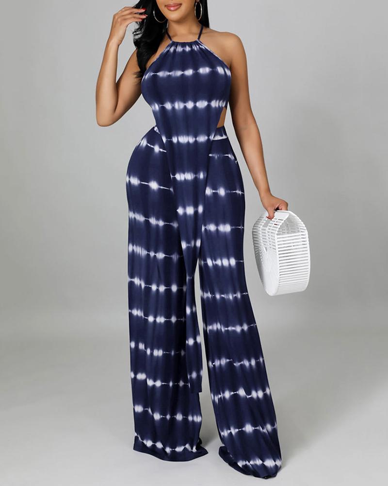

Tie Dye Print Asymmetrical Top & Wide Leg Pants Set, Blue