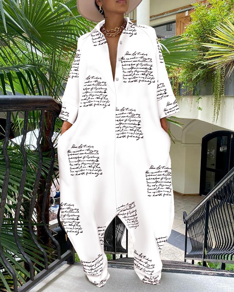

Letter Print Buttoned Pocket Design Casual Jumpsuit, White