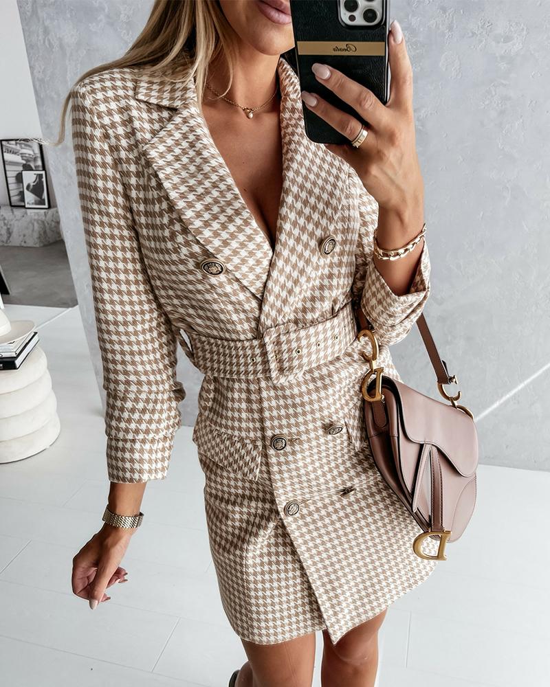 

Houndstooth Double Breasted Belted Blazer Dress, Khaki