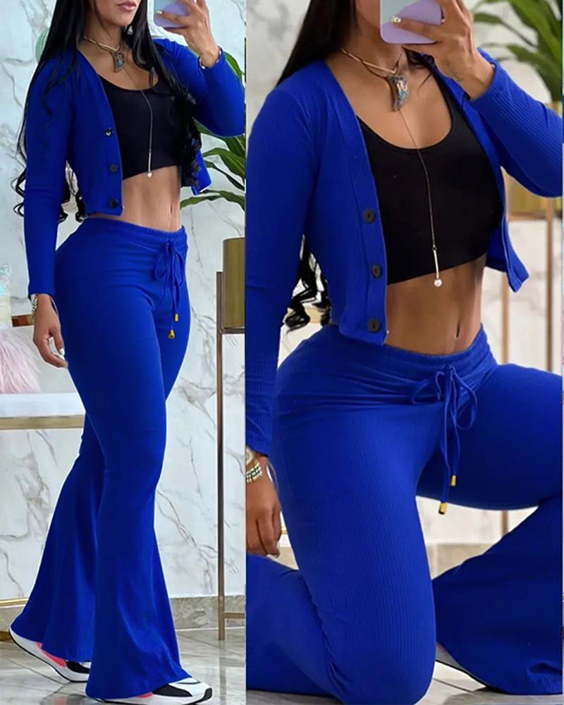

Buttoned Crop Top & Drawstring Fared Pants Set, Blue