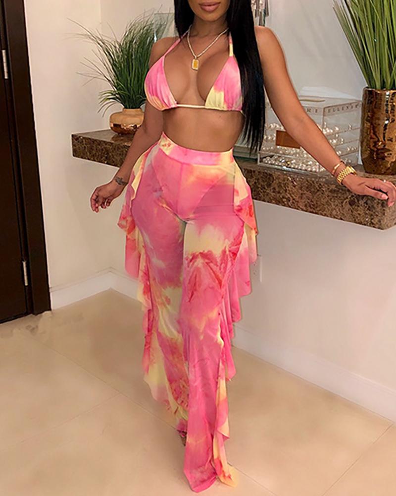 

Print Ruffles Bikini & Pant Set, Pink