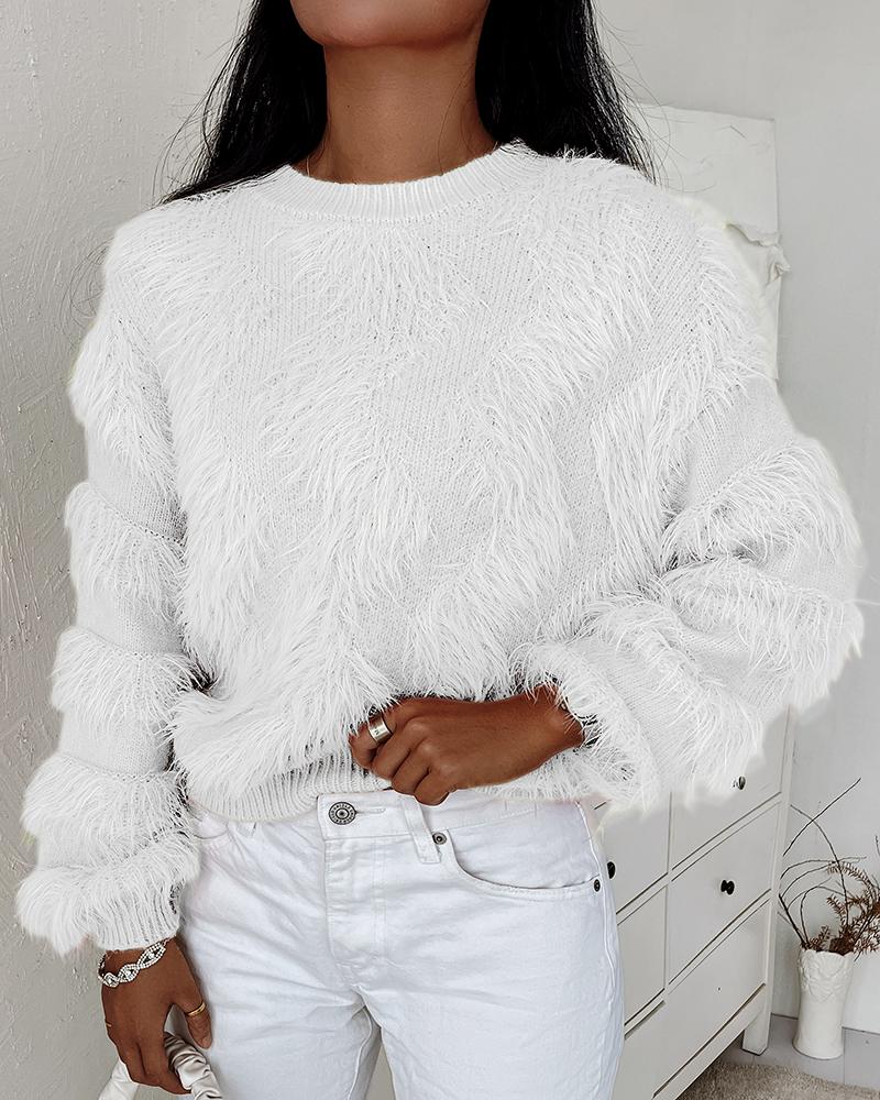 

Fluffy Tassel Design Long Sleeve Sweater, White