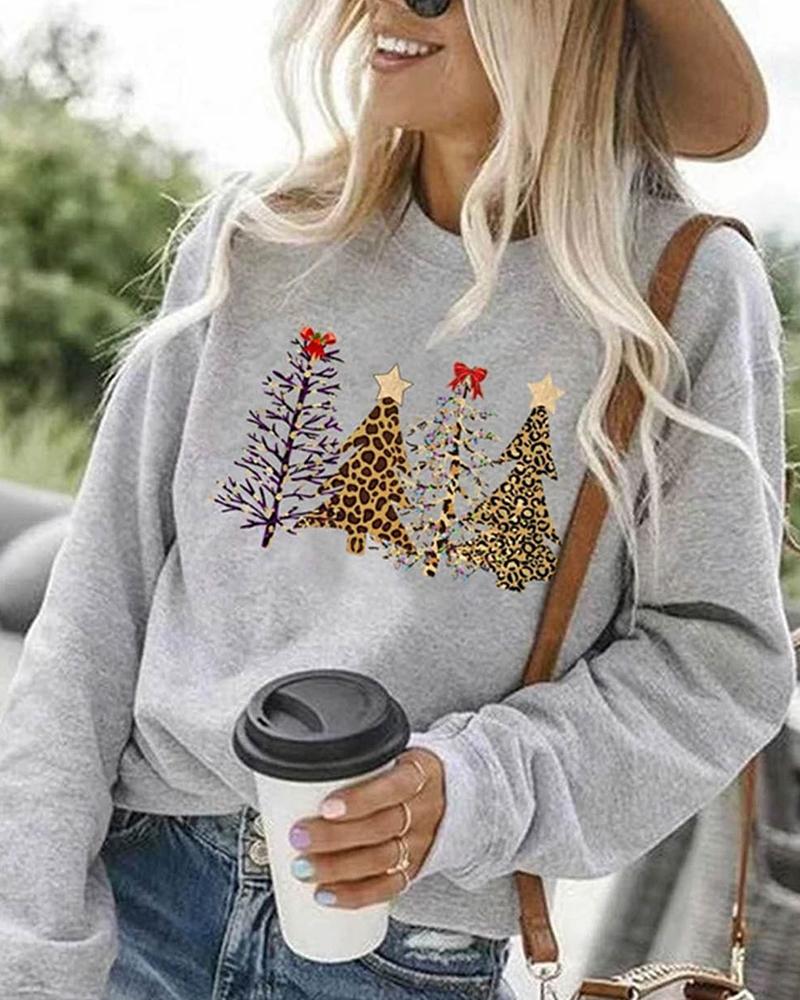 

Christmas Tree Print Long Sleeve Sweatshirt, Gray