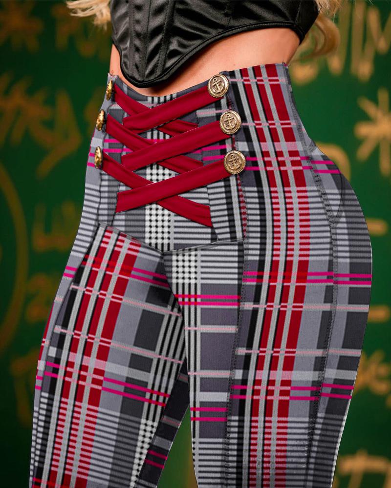 

Plaid Print High Waist Butt Lift Skinny Pants, Red